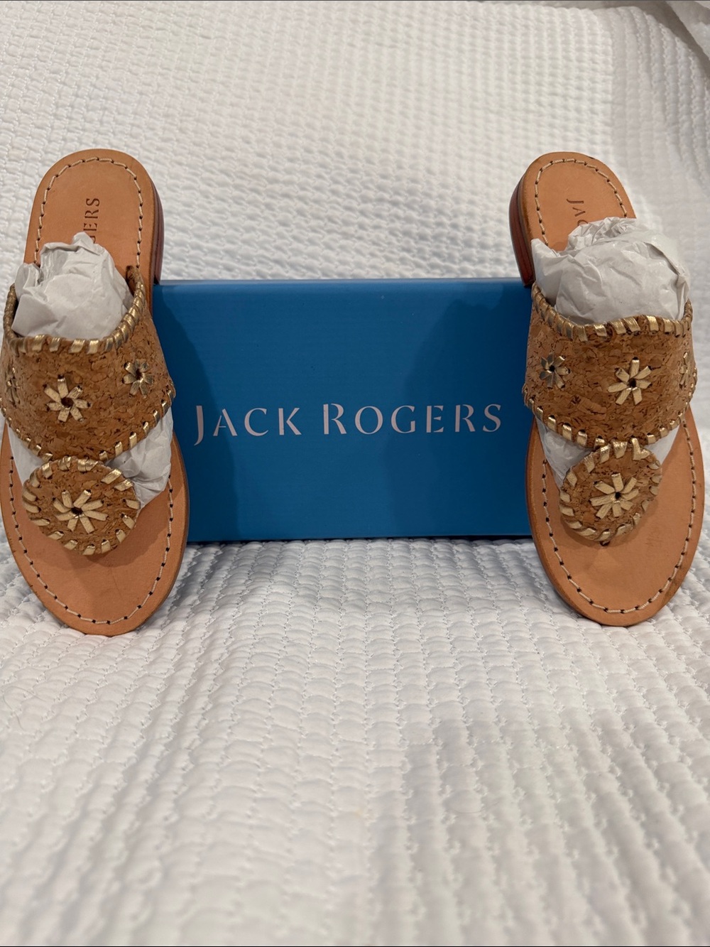 Jack Rogers Tan Cork Slide Sandals with Floral Cutouts